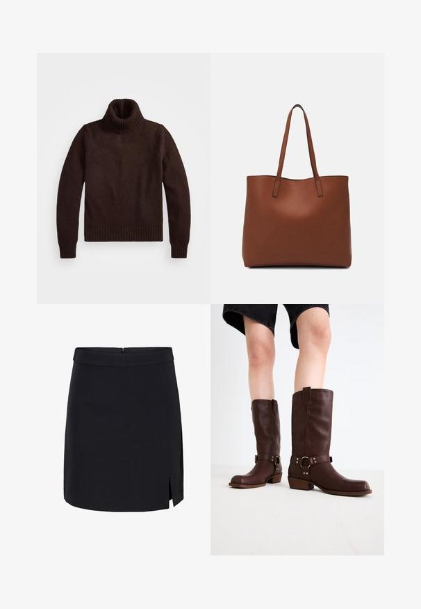Barna, vastag kötésű garbós pulóver bordás gallérral és szegéllyel. Hosszú ujjakkal és laza fazonnal rendelkezik, puha textil anyagból készült.; Fekete mini szoknya sima anyagból, szűk derékkal, oldalsó hasítékkal és rejtett hátsó cipzárral.; Barna bőr, térd feletti csizmák kerek orral, textúrázott felülettel, bokapánttal és ezüst hardware részletekkel; rétegezett sarokkal.; Barna bőr vászontáska sima textúrával, nyitott tetejű dizájnnal és két vállpánttal. Minimális varrással és látható hardver nélkül készült.