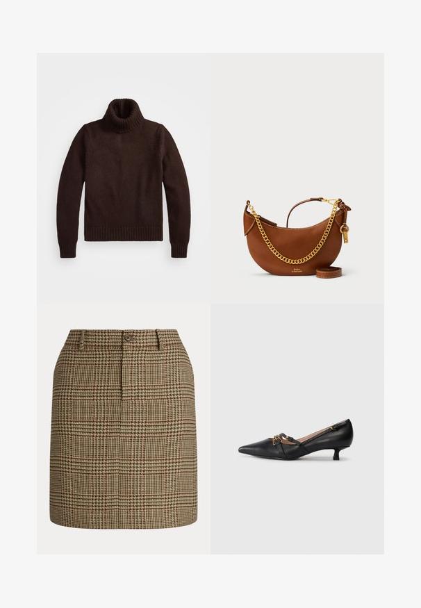 Barna, vastag kötésű garbós pulóver bordás gallérral és szegéllyel. Hosszú ujjakkal és laza fazonnal rendelkezik, puha textil anyagból készült.; Barna és bézs kockás szoknya gombos záródással, redők és elegáns szabás jellemzi. Az anyag texturált felületű.; Fekete bőr púder, hegyes orral, két vékony pánttal arany fémrészletekkel, és rövid műsorral. Simább textúra, minimalista dizájn.; Barna bőr kézi táska íves kialakítással, arany lánc pánttal, belső zsebbel és leválasztható vállpánttal. Kontrasztos varrás jellemzi.
