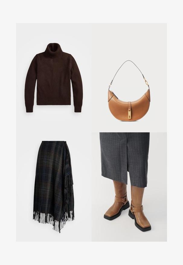 Hnědý, silný pletený rolák s žebrovaným límcem a lemem. Má dlouhé rukávy a volný střih, vyrobený z měkkého textilního materiálu.; Vlněná zavinovací sukně v tmavém kostkovaném vzoru s třásněmi na lemu. Obsahuje odstíny černé, zelené a modré barvy a má zavazování na boku.; Hnědé kožené vysoké boty po kolena se čtveratou špičkou, černou gumovou podrážkou a nastavitelným řemínkem s přezkou. Nosené s šedou sukní s jemnými pruhy.; Hnědá kožená kabelka s zakřiveným tvarem, zlatými detaily a tenkým ramenním popruhem. Obsahuje zipové uzavření a logo na přední straně.
