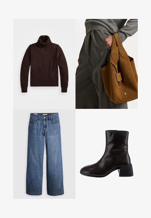 Barna, vastag kötésű garbós pulóver bordás gallérral és szegéllyel. Hosszú ujjakkal és laza fazonnal rendelkezik, puha textil anyagból készült.; Kék denim anyagú, széles szárú farmernadrág, magas derékkal, öt zsebbel és kontrasztos narancssárga varrással. Sima textúrájú, díszítés nélkül.; Vagabond ANSIE - Klasszikus bokacsizmák - braun; Barna velúr táska lekerekített formával, dupla fogantyúval és fém részlettel. Az elején egy kis logó található.