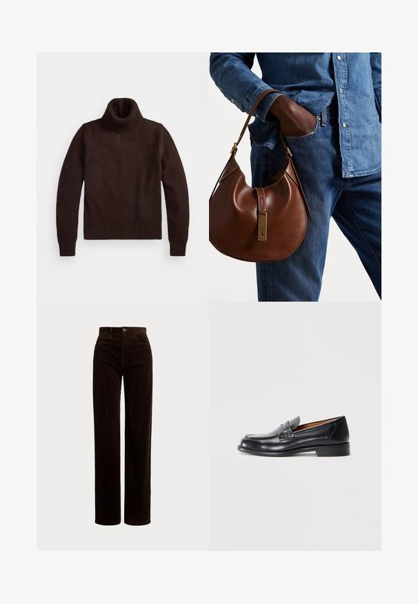 Brūns, masīvs adīts turtlenecks džemperis ar ribotām apkakli un apakšu. Iezīmes garās piedurknes un brīvu piegriezumu, izgatavots no mīkstas tekstilvielas.; Polo Ralph Lauren COTTON CORDUROY WIDE-LEG PANT - Auduma bikses - dark beech; Melna ādas loafer kurpe ar noapaļotu purngalu, izšūtu detaļu un gludu tekstūru. Ir zems papēdis un viegli uzvelkama dizaina.; Brūna ādas hobo soma ar noapaļotu formu, ar zelta aparatūras akcentu un kontrastējošiem diegiem. Apvienota ar džinsa kreklu un džinsiem.