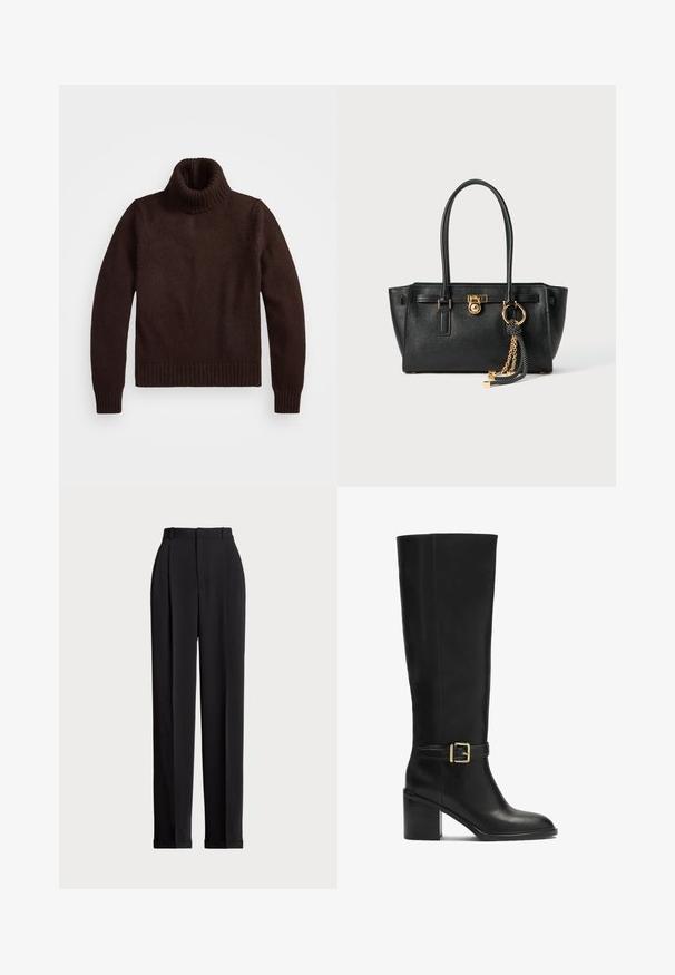 Ruskea, paksu neulepusero, jossa on korkea kaulus ja ribbireunat. Ominaisuuksiin kuuluu pitkät hihat ja rento istuvuus, valmistettu pehmeästä tekstiilimateriaalista.; Mustat räätälöidyt housut, joissa on korkea vyötärö, etupuolella laskokset, suora lahjeturmu ja käännetty helma. Valmistettu sileästä kankaasta.; Mustat polvipituiset saappaat, jotka on valmistettu sileästä nahasta, kultaiseen solkeen ja tukevan korokkeen accentilla sekä tyylikkäällä siluetilla.; Musta nahkainen käsilaukku, jossa on kaksinkertaiset kahvat, kultainen lukko ja ketjuyksityiskohta, sekä musta-valkoinen tupsu koriste, valkoista taustaa vasten.