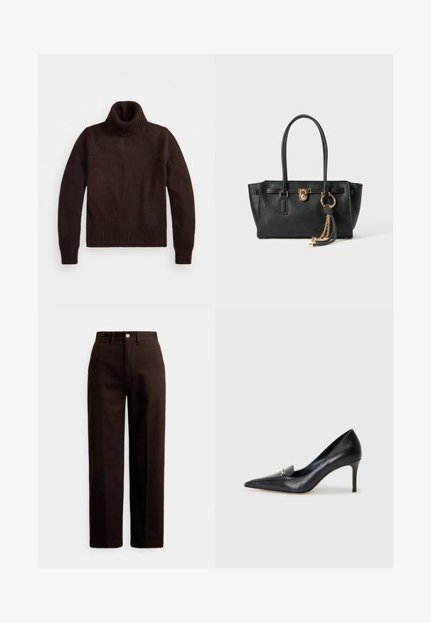 Braune, grob gestrickte Rollkragenswehe mit geripptem Kragen und Saum. Hat lange Ärmel und eine lockere Passform, hergestellt aus weichem Textilmaterial.; Dunkelbraune, gerade geschnittene Hose mit Knopf- und Reißverschluss, Gürtelschlaufen und vorderen Taschen vor weißem Hintergrund.; Schwarzer Lederpumps mit spitzer Zehe, niedrigem Vamp und dekorativem goldenen Akzent. Verfügt über einen Stiletto-Absatz und eine glatte Textur.; Schwarze Lederhandtasche mit doppelten Griffen, goldfarbener Verschluss- und Kettendetails sowie einem schwarz-weißen Quastenaccessoire vor weißem Hintergrund.