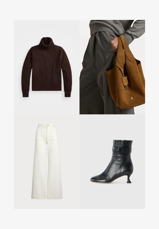 Suéter marrón de punto grueso con cuello alto y ribete en el dobladillo. Presenta mangas largas y un corte holgado, fabricado con un material textil suave.; Jeans de pierna ancha en denim color blanco roto. Diseño de cintura alta con cierre de botón, dos bolsillos frontales y detalles de costura en contraste.; Bota de cuero negro hasta el tobillo con punta afilada, tacón cónico y detalle de hebilla en el puño. Textura suave y diseño elegante.; Bolso tote de ante marrón con forma redondeada, doble asa y un acento de hardware metálico. Presenta un pequeño logo en la parte delantera.