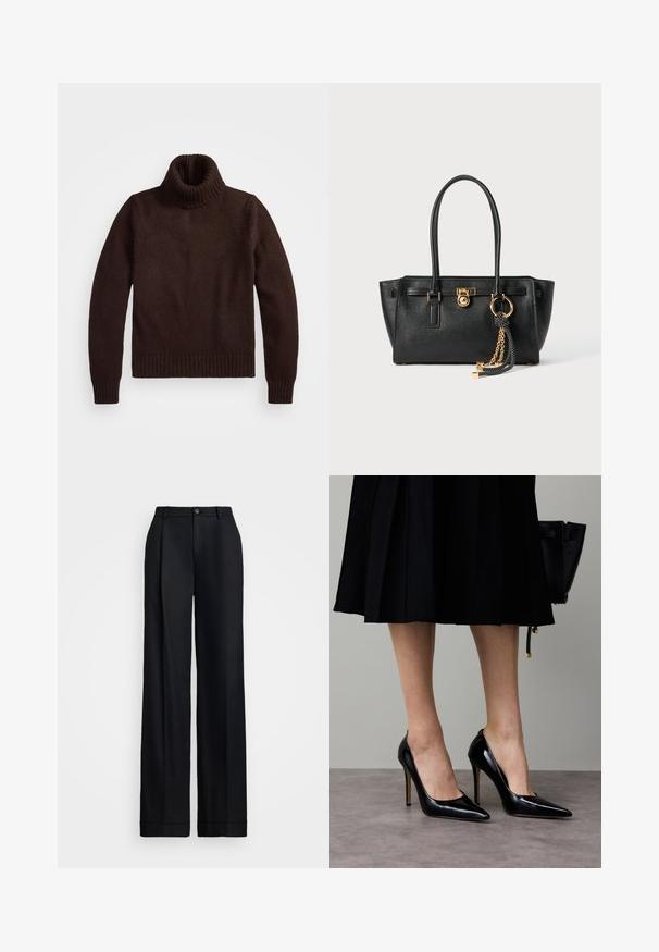 Pull en laine marron à col roulé, en tricot épais avec un col et un ourlet côtelés. Il comporte des manches longues et une coupe décontractée, fabriqué dans un matériau textile doux.; Pantalons noirs à jambes larges avec une finition lisse, un devant plat, des passants de ceinture et une fermeture à un bouton à la taille.; Escarpins noirs en cuir verni à talons hauts avec un bout pointu et un décolleté bas, présentant une silhouette élégante et une texture brillante.; Sac à main en cuir noir avec double anses, serrure dorée et détails en chaîne, et accessoire à pompon noir et blanc sur fond blanc.
