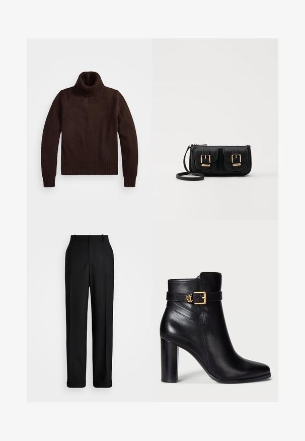 Hnědý, silný pletený rolák s žebrovaným límcem a lemem. Má dlouhé rukávy a volný střih, vyrobený z měkkého textilního materiálu.; Polo Ralph Lauren HIGH RISE RELAXED STRAIGHT TROUSER - Kalhoty - black; Černé kožené kotníkové boty s lesklým povrchem, špičatou špičkou a zlatým přezkovým akcentem na pásku. Mají vysoký klínový podpatek.; Černá kožená crossbody taška se dvěma předními kapsami, zlatými přezkami, zipovým uzávěrem a štíhlým popruhem. Texturovaný povrch a kompaktní obdélníkový tvar.