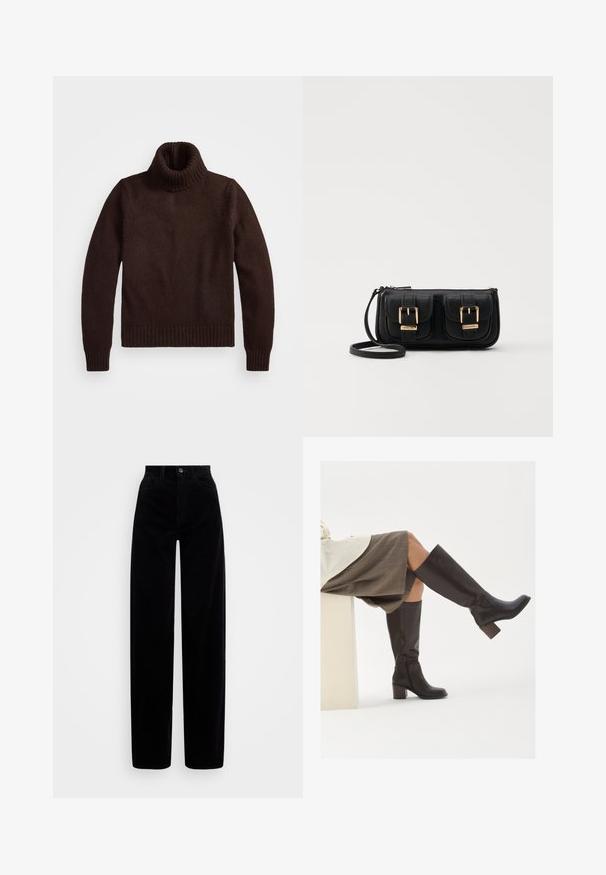 Brown, chunky knit turtleneck sweater with ribbed collar and hem. Features long sleeves and a relaxed fit, made from soft textile material.; Black corduroy pants with a high waist, wide leg design, and a single front button closure. Smooth texture with vertical ribbing.; Brown leather knee-high boots with a square toe, chunky heel, and side zipper. Smooth texture with a polished finish.; Black leather crossbody bag with two front pockets, gold buckles, zipper closure, and a slim strap. Textured surface and compact rectangular shape.