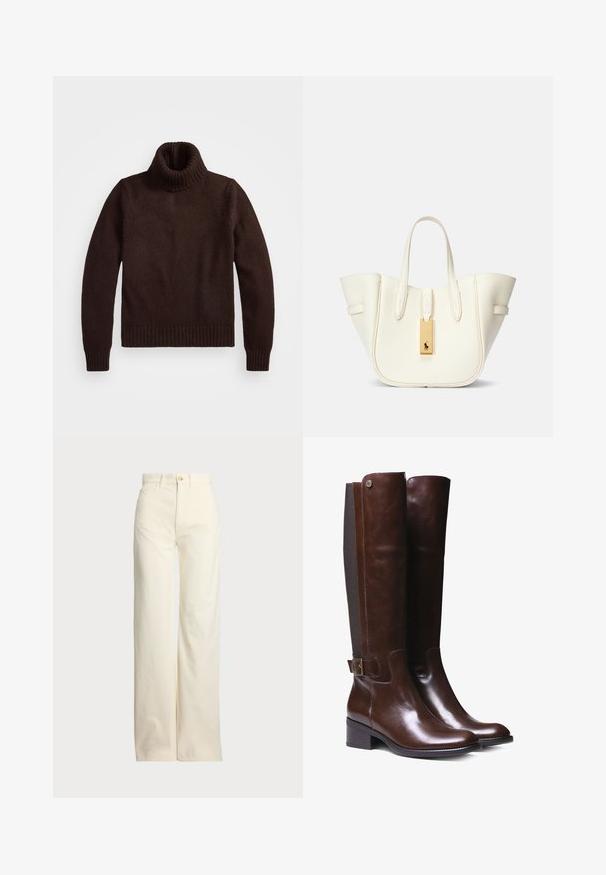 Suéter marrón de punto grueso con cuello alto y ribete en el dobladillo. Presenta mangas largas y un corte holgado, fabricado con un material textil suave.; Polo Ralph Lauren COTTON CORDUROY WIDE-LEG PANT - Pantalones - warm white; Botas de cuero marrón hasta la rodilla con acabado suave, panel de tela contrastante, detalle de hebilla en el tobillo y tacón bajo en bloque.; Bolso de tote de cuero blanco con forma estructurada, costuras prominentes, etiqueta de hardware dorado y asas dobles. Superficie texturizada con bolsillos laterales.