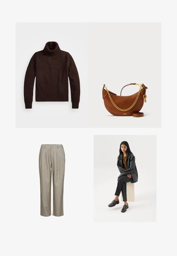 Pull en laine marron à col roulé, en tricot épais avec un col et un ourlet côtelés. Il comporte des manches longues et une coupe décontractée, fabriqué dans un matériau textile doux.; Pantalons plissés gris clair avec des rayures verticales, fabriqués à partir d'un tissu texturé. Comprend une ceinture avec un seul bouton et un design à jambes droites.; Veste oversize en cuir noir, top orange, pantalon gris ajusté et chaussures à boucle marron, assis sur un bloc de couleur claire contre un fond blanc.; Sac à main en cuir brun avec un design courbé, une chaîne dorée, une poche intérieure et une bandoulière amovible. Présente des coutures contrastantes.