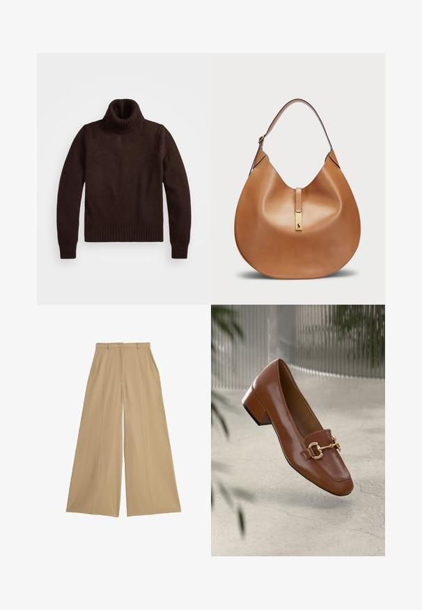Suéter marrón de punto grueso con cuello alto y ribete en el dobladillo. Presenta mangas largas y un corte holgado, fabricado con un material textil suave.; Pantalones de pierna ancha color beige hechos de una tela ligera, con dos bolsillos laterales, un frente plano y una textura suave.; Mocasines de charol marrón con punta cuadrada, acento de cadena metálica y tacón bajo; textura suave, diseño minimalista.; Bolso de mano de cuero marrón claro con forma curva y una amplia correa para el hombro. Presenta un acento de metal dorado en el centro y una textura suave.