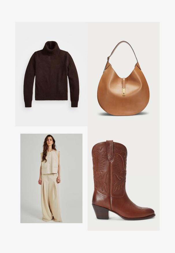 Pruun, paksu koustrikkige särk kõrge kraega, ribakraega ja -äärega. Omab pikki varrukaid ja vaba lõiget, valmistatud pehmest kangast.; Beež ilma varrukat lühikese tipuga, millel on esipaneelil nupud ja kaks taskut, jagatud kõrge talje ja laiemate pükstega, millel on voldid. Sile kangas.; Pruun nahkne cowboy-saabas terava nokaga, reljeefse lääne stiili kujundusega ja kuhjatud kontsaga. Omab tikandeid ja siledat tekstuuri.; Kohvane nahast käekott, millel on kaarjas kuju ja lai õlavööt. Koti keskosas on kuldne metallne detail ning pind on sile.