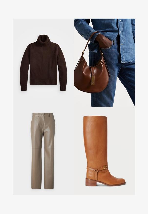 Bruine, chunky gebreide turtleneck trui met geribde kraag en zoom. Heeft lange mouwen en een ontspannen pasvorm, gemaakt van zachte textielmaterialen.; Bruine leren broeken met een rechte pasvorm, voorzien van een middelhoge tailleband en subtiele naaddetails. Soepele textuur met een gepolijste afwerking.; Hoge bruine leren laarzen met een gladde afwerking, voorzien van een zijkantgesp en een gestapelde hak. De schacht heeft een strakke, ongecompliceerde uitstraling.; Bruine leren hobo tas met een rondvorm, voorzien van een gouden hardwareaccent en contrasterende stiksels. Gecombineerd met een denim shirt en jeans.