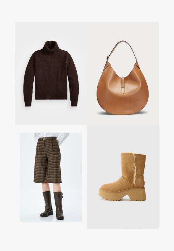 Bruine, chunky gebreide turtleneck trui met geribde kraag en zoom. Heeft lange mouwen en een ontspannen pasvorm, gemaakt van zachte textielmaterialen.; Bruine geruite kniebroek met plooien, voorzien van een bruine riem. Gecombineerd met hoge, donkerbruine leren laarzen met gespsdetails.; UGG NEW HEIGHTS CUFF - Snowboots - chestnut; Tan leren handtas met een gebogen vorm en een brede schouderband. Heeft een gouden metalen accent in het midden en een gladde textuur.