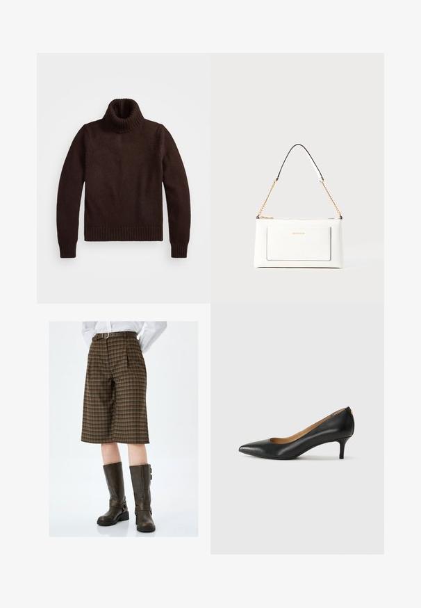 Braune, grob gestrickte Rollkragenswehe mit geripptem Kragen und Saum. Hat lange Ärmel und eine lockere Passform, hergestellt aus weichem Textilmaterial.; Braun kariertes, knielanges Shorts mit Falten, ausgestattet mit einem braunen Gürtel. Kombiniert mit hohen, dunkelbraunen Lederstiefeln mit Schnallenakzenten.; Schwarzer Lederpumps mit spitzem Zehenbereich, niedrigem Absatz und glatter Textur. Verfügt über eine leichte Öffnung an der Vorderseite und minimale Beschläge an der Rückseite.; Weißes Lederhandtasche mit strukturierter Oberfläche, ausgestattet mit einem goldenen Kettenriemen und schwarzen Akzenten. Enthält eine Fronttasche und einen Reißverschluss.