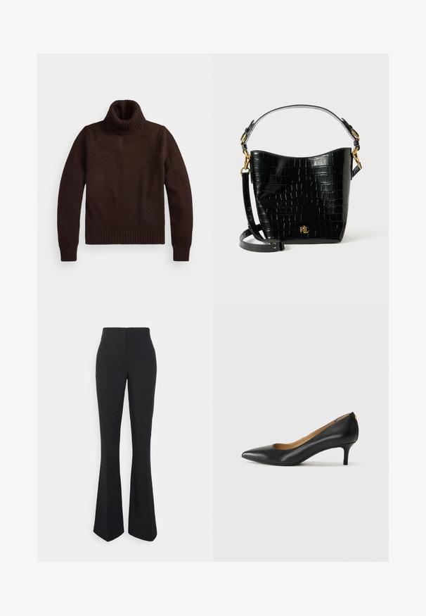Bruine, chunky gebreide turtleneck trui met geribde kraag en zoom. Heeft lange mouwen en een ontspannen pasvorm, gemaakt van zachte textielmaterialen.; ONLY Tall ONLEDINA FLARE PANT - Broek - black; Zwarte leren pump met een puntige teen, lage hak en een gladde textuur. Heeft een lichte opening aan de voorkant en minimale hardware aan de achterkant.; Zwarte croco-embossed leren tas met een gebogen ontwerp, gouden hardware-accenten, een verstelbare schouderriem en een logo-detail aan de voorkant.