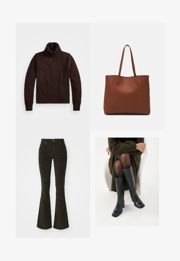 Hnědý, silný pletený rolák s žebrovaným límcem a lemem. Má dlouhé rukávy a volný střih, vyrobený z měkkého textilního materiálu.; Rozšířené manšestrové kalhoty v tmavě zelené barvě. Obsahují přední kapsy, zapínání na knoflík a měkkou, texturovanou tkaninu s jemným žebrováním.; Černé kožené boty po kolena s hranatou špičkou a blokovým podpatkem, předvedené na modelce sedící v olivově zeleném kabátu. Hladký povrch, minimalizované detaily.; Hnědá kožená taška přes rameno s hladkou texturou, otevřeným designem a dvěma ramenními popruhy. Obsahuje minimální švy a žádné viditelné kovové prvky.