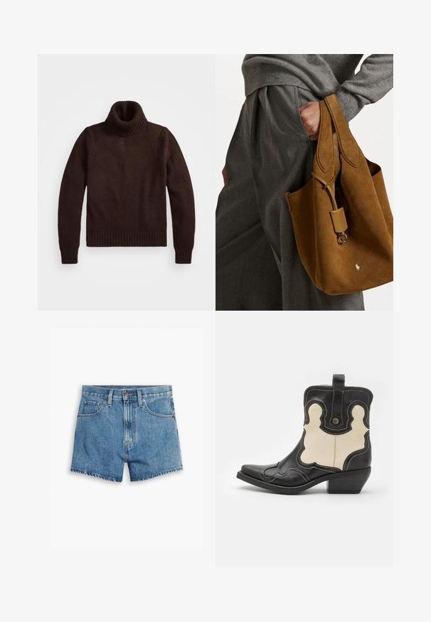 Brūns, masīvs adīts turtlenecks džemperis ar ribotām apkakli un apakšu. Iezīmes garās piedurknes un brīvu piegriezumu, izgatavots no mīkstas tekstilvielas.; Gaiši zili džinsu šorti, kas aprīkoti ar piecām kabatām, rāvējslēdzēja aizdari un pogu aizdari. Apakšmala ir saplēsta, un izskats ir brīvs.; Melnā un krēmīgā ādas šerifa zābaki ar baltu dūriena, ar norādītu pirkstu, izliektiem rakstiem un īsu sakrautām papēdi. Velkšanas cilpa aizmugurē.; Brūns zamšs auduma nozaru soma ar noapaļotu formu, dubultām rokturiem un metāla aksesuāru. Priekšpusē ir mazs logo.