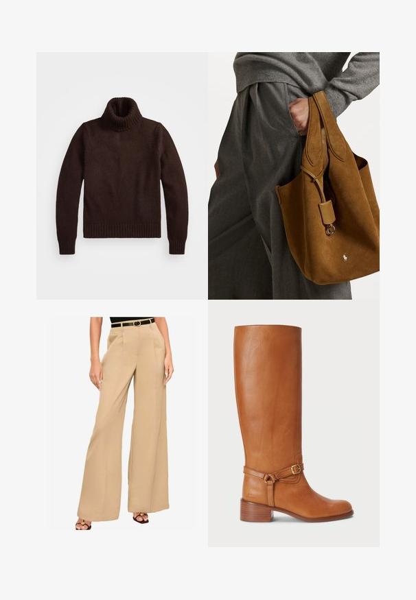 Bruine, chunky gebreide turtleneck trui met geribde kraag en zoom. Heeft lange mouwen en een ontspannen pasvorm, gemaakt van zachte textielmaterialen.; Beige broek met wijde pijpen, gemaakt van gladde stof, met voorplooien en een zwarte riem met een goudkleurige gesp.; Hoge bruine leren laarzen met een gladde afwerking, voorzien van een zijkantgesp en een gestapelde hak. De schacht heeft een strakke, ongecompliceerde uitstraling.; Bruine suède tote bag met een ronde vorm, dubbele handvatten en een metalen hardware accent. Heeft een klein logo aan de voorkant.