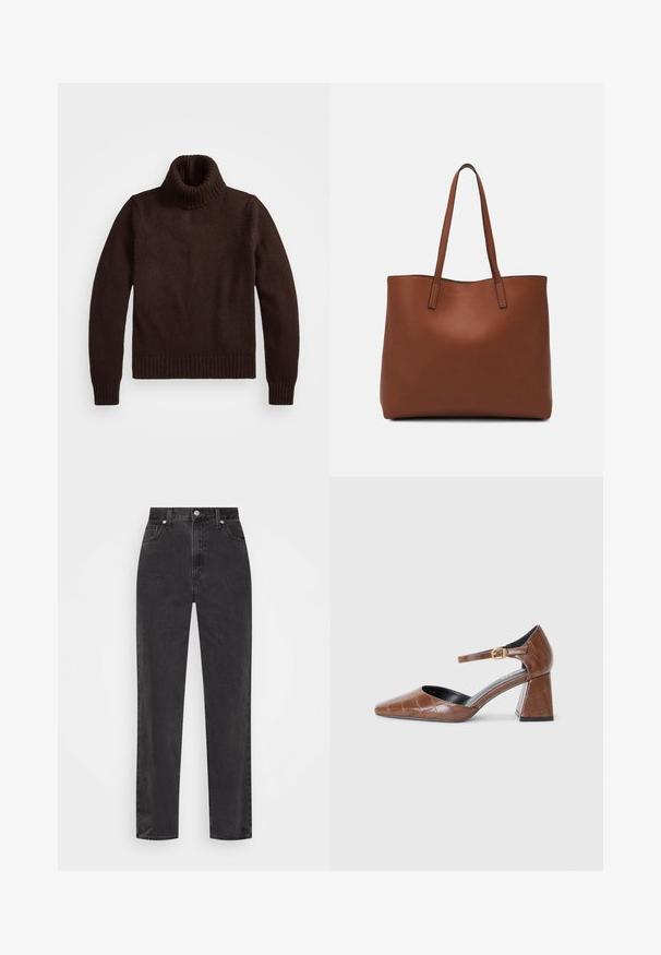 Suéter castanho de malha grossa com gola alta e bainha canelada. Apresenta mangas longas e um corte descontraído, feito de um material têxtil suave.; Jeans de ganga preta com pernas retas, cintura alta, com botão e fecho de correr à frente, e estilo de cinco bolsos, num fundo branco.; Sapato de salto em couro patente castanho com bico quadrado, padrão textura crocodilo, tiras no tornozelo com fivela dourada e salto grosso.; Bolsa tote de couro castanho com uma textura suave, design de abertura superior e duas alças para o ombro. Apresenta costura mínima e sem hardware visível.