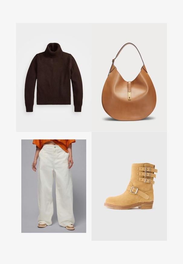 Pruun, paksu koustrikkige särk kõrge kraega, ribakraega ja -äärega. Omab pikki varrukaid ja vaba lõiget, valmistatud pehmest kangast.; Laiad valged denim püksid küljetaskute ja sirge lõikega, millel on nööbiga sulgemine ja kontrastsed õmblused.; Kollased seemisnahast pahkluu saapad, millel on külgedel kolm pandlaga rihma, ümar nina ja puidust virnastatud konts. Tekstuuriga pind haarduvuse parandamiseks.; Kohvane nahast käekott, millel on kaarjas kuju ja lai õlavööt. Koti keskosas on kuldne metallne detail ning pind on sile.