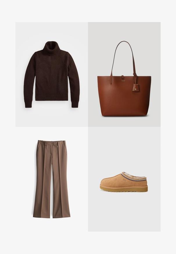 Bruine, chunky gebreide turtleneck trui met geribde kraag en zoom. Heeft lange mouwen en een ontspannen pasvorm, gemaakt van zachte textielmaterialen.; Bruine flared broeken van gestructureerde stof, met voorplooien, twee zijzakken en een standaard tailleband, voor een verzorgde uitstraling.; Tan suede instapschoen met een gestructureerde wollen voering en decoratieve etnische stiksel rond de kraag. Voorzien van een rubberen zool.; Bruine lederen tote bag met twee handvatten, een klein bijgevoegd label en een subtiele logo aan de voorkant. Glad textuur met gestructureerde vorm.