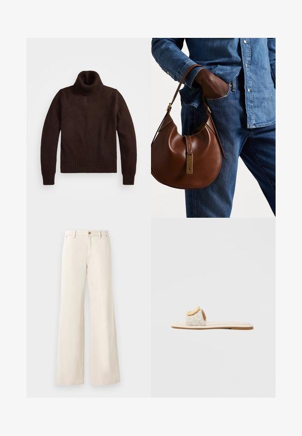 Smeđi, debeli pleteni pulover s visokim ovratnikom, s rebrastim ovratnikom i rubom. Ima duge rukave i opuštenu siluetu, izrađen je od mekanog tekstilnog materijala.; Bež hlače širokih nogavica od pamuka s glatkom teksturom. Imaju kopčanje na gumbe, prednje džepove i klasičan dizajn struka.; Natikača s bež remenom s geometrijskim uzorkom, zaobljenim žutim detaljem na gornjem dijelu i ravnim, svijetlim potplatom.; Smeđa kožna hobo torba zaobljenog oblika, sa zlatnim metalnim detaljima i kontrastnim šavovima. Uparena s traper košuljom i trapericama.