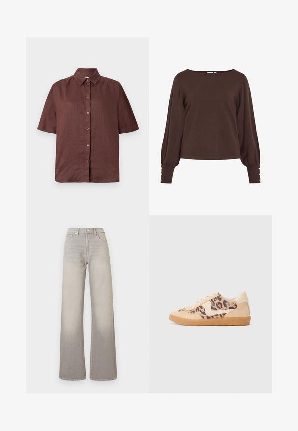 Rjav pulover iz pletenine z izrezom v obliki čolna, dolgimi napihnjenimi rokavi in gumbi na manšetah. Ima sproščen kroj in gladko teksturo.; Rjava kratka srajca z gumbi, izdelana iz lahkega blaga. Ima ovratnik in ravno spodnje robove ter sproščen kroj.; Sive široke jeans hlače z utonulim zaključkom, z gumbom za zapiranje, petimi žepi in šiviljskim detajlom ob šivih.; Teniske s leopardjim vzorom z zgornjim delom iz bež semiša, rjavim gumijastim podplatom in belimi detajli. Okrogla konica in vezenje z vezalkami ter teksturirana površina.