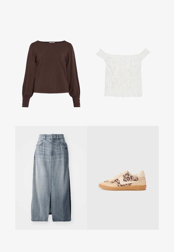 Camisola castanha de malha com decote barco, mangas compridas bufantes e detalhes com botões nos punhos. Apresenta um ajuste descontraído e textura suave.; Top branco sem alças com detalhes em babados, textura franzida e cintura elástica. Feito de tecido de algodão macio.; Saia de ganga em azul claro com uma abertura frontal, dois bolsos e detalhe do logótipo. Apresenta uma cintura alta e um design reto, feita de tecido durável.; Sapatilhas com padrão de leopardo, parte superior em camurça bege, sola de borracha castanha e detalhes brancos. Bico redondo e design com atacadores, com um acabamento texturizado.