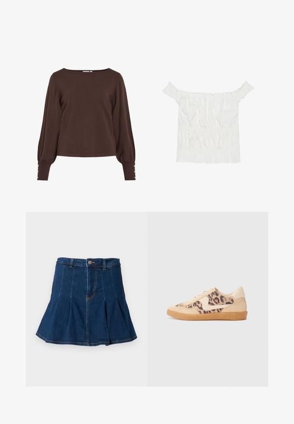 Pulover maro din tricot cu decolteu tip barcă, mâneci lungi bufante şi nasturi decorativi la manşete. Are croială lejeră şi textură fină.; Un top alb off-the-shoulder cu accente volanate, textură pliată și talie elastică. Fabricat dintr-un material moale din bumbac.; Fustă din denim de culoare albastru închis, cu un design pliat, cinci buzunare, închidere frontală cu nasture și detalii de cusătură contrastante.; Tenisi cu imprimeu de leopard, cu partea superioară din suede bej, talpă din cauciuc maro și accente albe. Vârf rotund și design cu șireturi, cu un finisaj texturat.