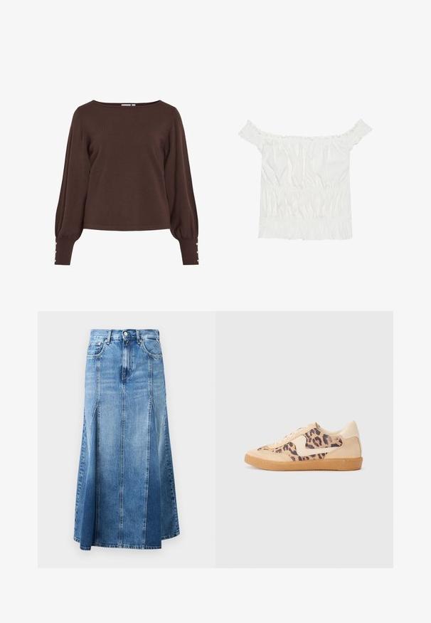 Hnědý pletený svetr s výstřihem do člunu, dlouhými nafouklými rukávy a knoflíkovými detaily na manžetách. Má volný střih a hladkou texturu.; Bílý top s odhalenými rameny, s volánkovými detaily, nařasenou texturou a elastickým pasem. Vyrobeno z měkké bavlněné tkaniny.; Jeansová sukně s přechodem světle modré do tmavě modré, délky ke kolenům, se rovný střih, předními rozparky a klasickým zapínáním na knoflík a zip.; Tenisky s leopardím vzorem, s béžovým semišovým svrškem, hnědou gumovou podrážkou a bílými akcenty. Kulatý špička a šněrovací design s texturovaným povrchem.