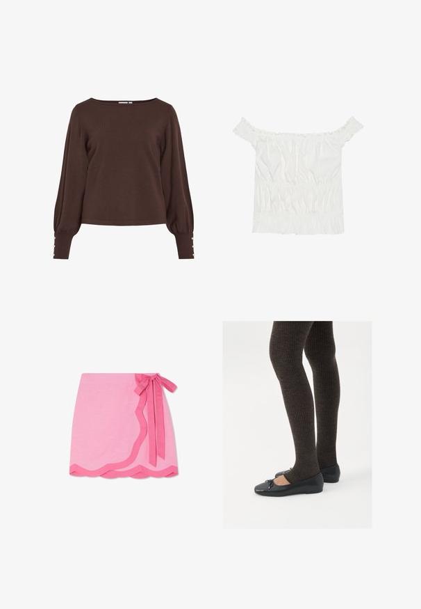 Camisola castanha de malha com decote barco, mangas compridas bufantes e detalhes com botões nos punhos. Apresenta um ajuste descontraído e textura suave.; Top branco sem alças com detalhes em babados, textura franzida e cintura elástica. Feito de tecido de algodão macio.; Saia envolvente de linho rosa com um hem bordado, apresentando um laço em um rosa mais escuro na cintura e uma textura suave.; Sapatos planos pretos com um pequeno laço na ponta, emparelhados com meias-calças caneladas castanhas escuras. Os sapatos têm uma textura suave e um design discretamente baixo.