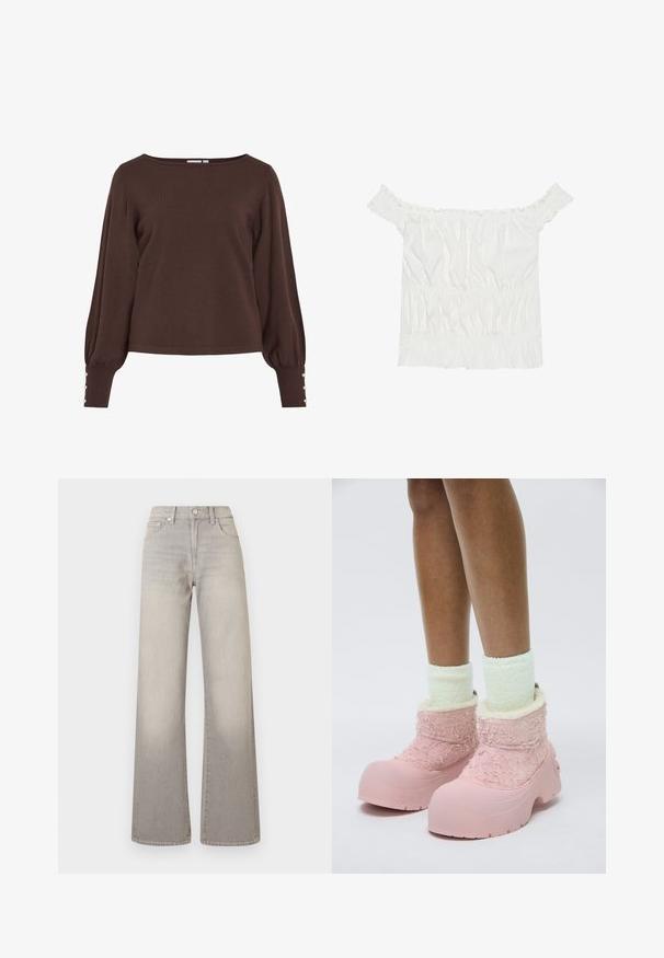 Pruun kootud kampsun paadikaelusega, pikkade padjastega varrukatega ja nööbiga mansettide juures. Omaduseks on lõdvestunud lõige ja sile tekstuur.; Valge õlavabalt topp, millel on volangakujulised aktsendid, kokku tõmmatud tekstuur ja elastne vöökoht. Valmistatud pehmest puuvillakangast.; Hallide lai püksid hallis toonis, kahvatu viimistlusega, nööbiga kinnitamine, viie tasku disain ja õmbluste äärtes kaunistus.; Roosa kummisaapad tekstureeritud karvase ülemise osaga, pehme voodriga ja jäme tallaga. Kannab heledat roheline karvase äärega sokke.