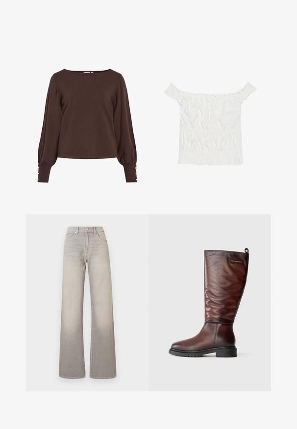 Camisola castanha de malha com decote barco, mangas compridas bufantes e detalhes com botões nos punhos. Apresenta um ajuste descontraído e textura suave.; Top branco sem alças com detalhes em babados, textura franzida e cintura elástica. Feito de tecido de algodão macio.; Jeans largos cinzentos com um acabamento desbotado, fecho de botão, design de cinco bolsos e detalhes costurados ao longo das costuras.; Botas de couro castanho até ao joelho com um design ligeiramente descaído, bico redondo e uma sola espessa de borracha preta texturizada. Apresenta um emblema com o logótipo.