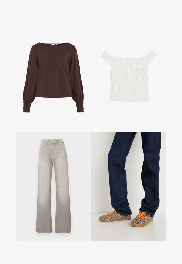 Brun strikkegenser med båthals, lange puffermser og knappedetaljer ved ermene. Har en avslappet passform og glatt tekstur.; Hvit av-shoulder topp med volanger, samlet tekstur og elastisk midje. Laget av myk bomull.; Grå vide ben jeans med en falmet finish, knaplukning, fem-lomme design og stikninger langs sømmen.; Leopardmønstrede sneakers med orange snørebånd, et struktureret tekstiloverdel og en lysebrunt gummisål, parret med mørkeblå denimjeans.