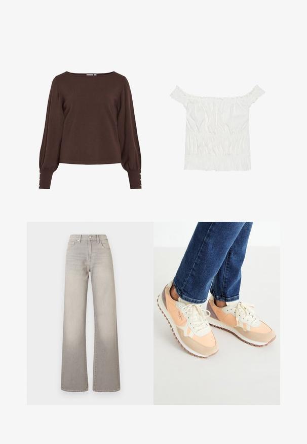Pulover maro din tricot cu decolteu tip barcă, mâneci lungi bufante şi nasturi decorativi la manşete. Are croială lejeră şi textură fină.; Un top alb off-the-shoulder cu accente volanate, textură pliată și talie elastică. Fabricat dintr-un material moale din bumbac.; Jeans largi gri cu un finisaj decolorat, închidere cu buton, design cu cinci buzunare și detalii cusute pe cusături.; Sneakers ușoare în nuanțe de piersică și crem, cu material din suede și plasă, design cu șireturi și talpă din cauciuc cu aderență.