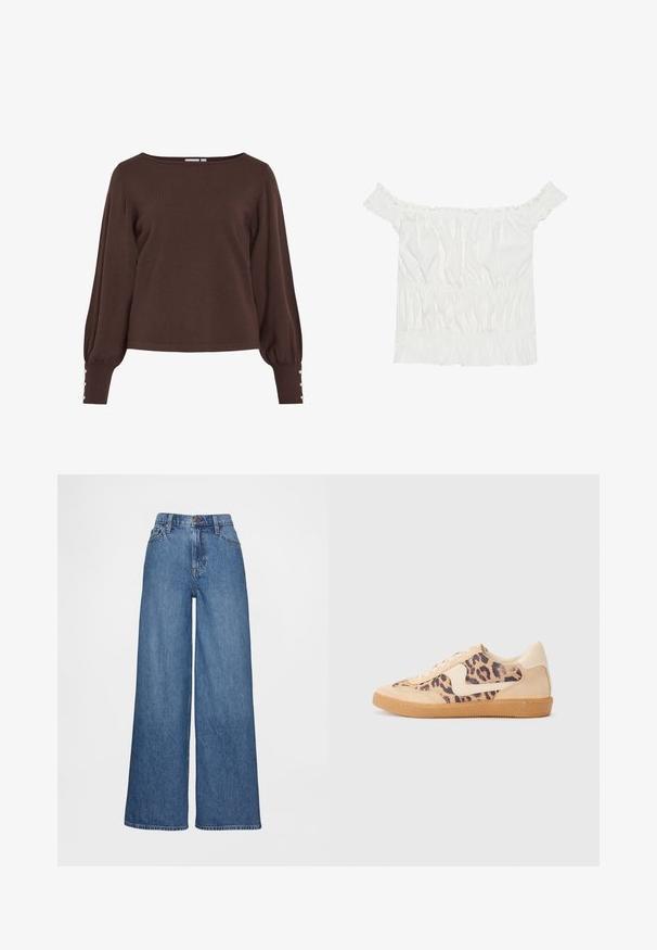 Camisola castanha de malha com decote barco, mangas compridas bufantes e detalhes com botões nos punhos. Apresenta um ajuste descontraído e textura suave.; Top branco sem alças com detalhes em babados, textura franzida e cintura elástica. Feito de tecido de algodão macio.; Calças de ganga de perna larga em denim azul médio, com cintura alta, passadores para cinto e fecho de botão. Textura suave com detalhes mínimos de costura.; Sapatilhas com padrão de leopardo, parte superior em camurça bege, sola de borracha castanha e detalhes brancos. Bico redondo e design com atacadores, com um acabamento texturizado.
