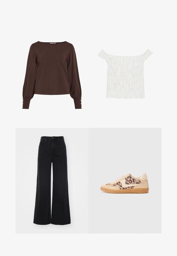 Suéter marrón de punto con escote barco, mangas largas abullonadas y botones decorativos en los puños. Presenta un ajuste holgado y una textura suave.; Top blanco sin mangas con detalles de volantes, textura fruncida y cintura elástica. Fabricado en suave tejido de algodón.; Pantalones de mezclilla negros de tiro alto y pierna ancha con bolsillos delanteros y traseros, trabillas para cinturón y cierre de botón.; Zapatillas de leopardo con parte superior de ante beige, suela de goma marrón y acentos blancos. Punta redonda y diseño con cordones con un acabado texturado.