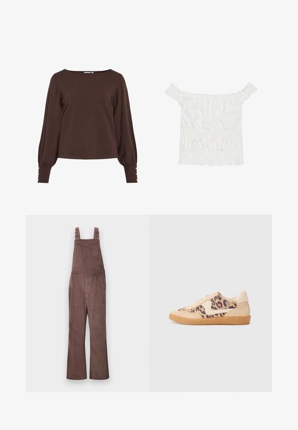 Maglione marrone lavorato a maglia con scollo a barca, maniche lunghe a sbuffo e dettagli con bottoni sui polsini. Presenta una vestibilità comoda e una texture liscia.; Top bianco senza spalline con dettagli arricciati, texture plissettata e vita elasticizzata. Realizzato in morbido cotone.; Salopette in corduroy marrone con spalline regolabili, gambe larghe e texture a righe verticali. Presenta tasche laterali e una vestibilità comoda.; Sneakers in stampa leopardata con parte superiore in suede beige, suola in gomma color caramello e dettagli bianchi. Punta rotonda e design con lacci, con una finitura testurizzata.