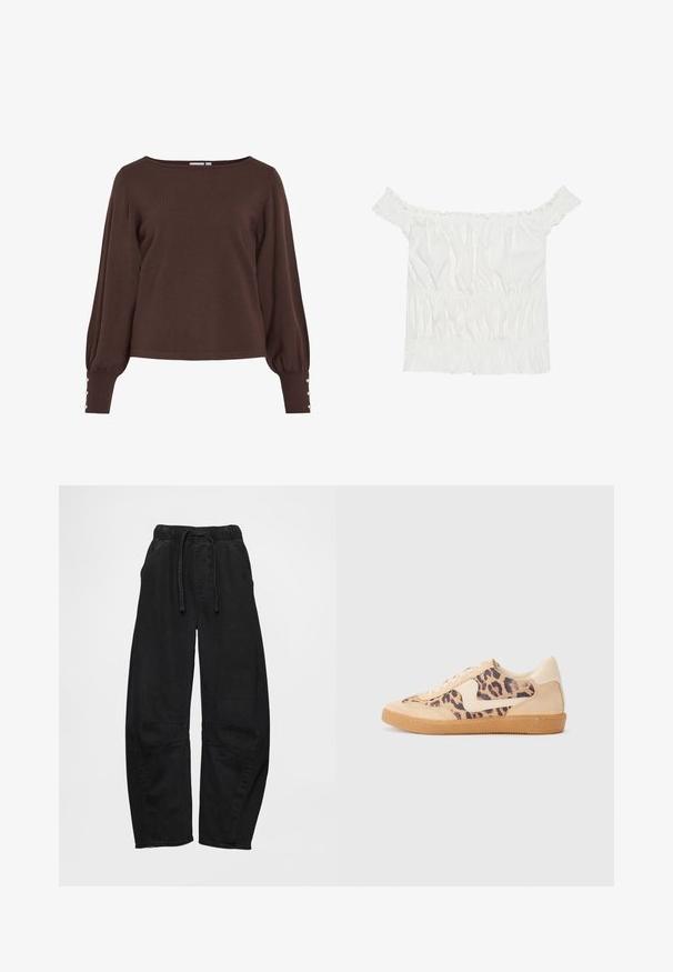 Brun stickad tröja med båtringning, långa puffärmar och knapprador vid ärmsluten. Har en avslappnad passform och slät textur.; Vit off-shoulder topp med volangdetaljer, samlad textur och elastisk midja. Tillverkad av mjukt bomullstyg.; Svarta denimbyxor med elastisk midjeband, dragsko och sidofickor. Har en vid passform och kontrasterande paneldetaljer vid knäna.; Leopardmönstrade sneakers med överdel i beige mocka, tan gummisula och vita detaljer. Rund tå och snörning med en strukturerad finish.