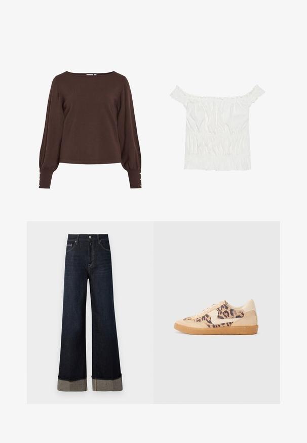 Camisola castanha de malha com decote barco, mangas compridas bufantes e detalhes com botões nos punhos. Apresenta um ajuste descontraído e textura suave.; Top branco sem alças com detalhes em babados, textura franzida e cintura elástica. Feito de tecido de algodão macio.; Jeans de cintura alta de perna larga em azul escuro com bainha crua, apresentando costura castanha clara e um punho dobrado que revela um tecido em contraste.; Sapatilhas com padrão de leopardo, parte superior em camurça bege, sola de borracha castanha e detalhes brancos. Bico redondo e design com atacadores, com um acabamento texturizado.