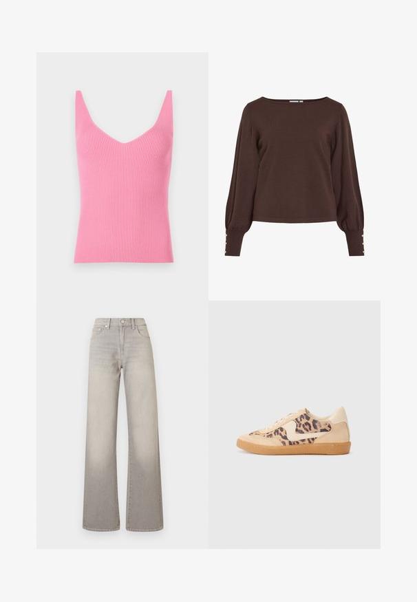 Camisola castanha de malha com decote barco, mangas compridas bufantes e detalhes com botões nos punhos. Apresenta um ajuste descontraído e textura suave.; Top em malha rosa justo, com um decote em V profundo, alças largas e uma textura suave. Adequado para usar em camadas ou como peça única.; Jeans largos cinzentos com um acabamento desbotado, fecho de botão, design de cinco bolsos e detalhes costurados ao longo das costuras.; Sapatilhas com padrão de leopardo, parte superior em camurça bege, sola de borracha castanha e detalhes brancos. Bico redondo e design com atacadores, com um acabamento texturizado.