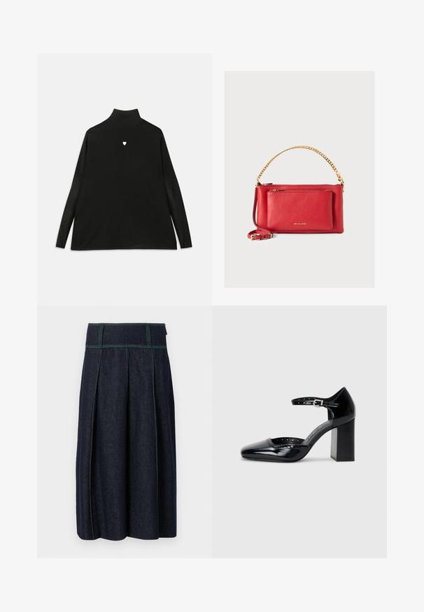 Pulover negru cu guler înalt și mâneci lungi, având un mic emblemă albă în formă de inimă pe piept. Material moale și croială lejeră.; Fustă din denim de culoare albastru închis cu cusături verzi. Are un design plisat și o talie lată, oferind o siluetă bine definită.; Pantofi cu toc înalt din piele lăcuită neagră, cu vârf pătrat, curea pentru gleznă și toc gros. Include detalii perforate de-a lungul marginii.; Geantă de mână din piele roșie cu o finisare texturată, lanț și curea aurie, buzunar frontal cu fermoar și logo embosat. Design compact și structurat.