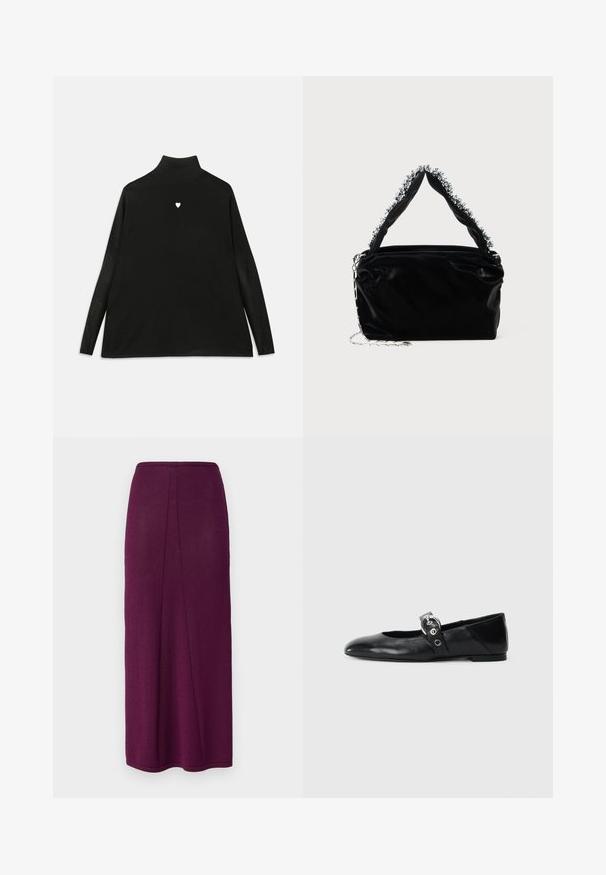 Sort turtleneck sweater med lange ærmer, prydet med et lille hvidt hjerteemblem på brystet. Blødt stof og afslappet pasform.; Strik maxi nederdel i dyb lilla med en lige silhuet, der har en slids bagpå for øget bevægelse og en glat finish.; Sorte læder balletflade med spids tå, udstyret med en rem med en cirkulær metallisk spænde og en flad sål.; Sort faux læder håndtaske med en tekstureret overflade, der har en perlesmykke i sølv langs det øverste håndtag og en kædestrop.