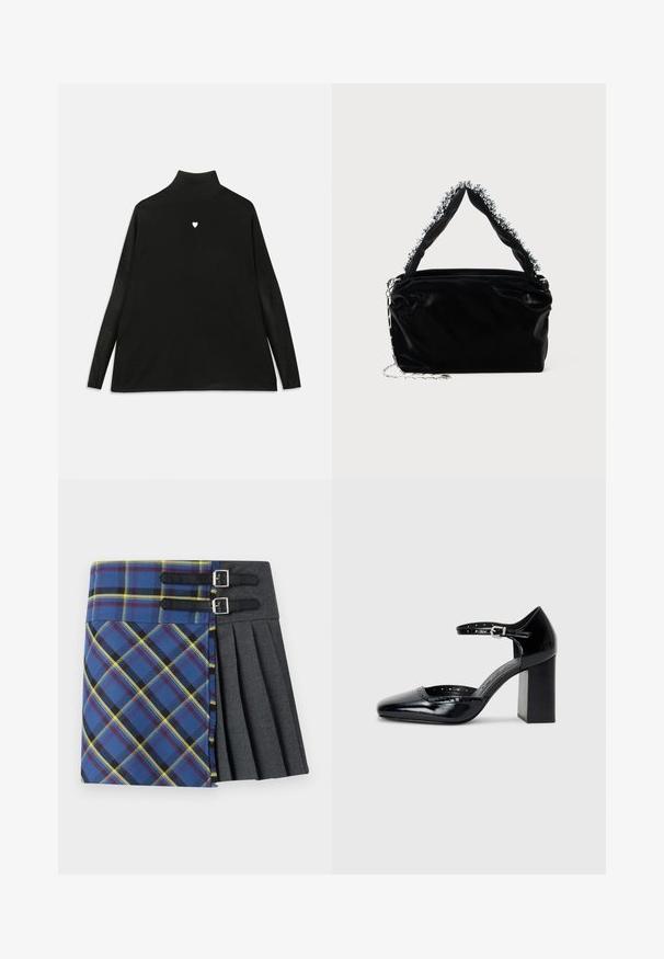 Pulover negru cu guler înalt și mâneci lungi, având un mic emblemă albă în formă de inimă pe piept. Material moale și croială lejeră.; Fustă tartan cu carouri albastre, verzi și galbene, având o secțiune plisată de culoare gri, prinsă cu două curele negre și catarame din argint.; Pantofi cu toc înalt din piele lăcuită neagră, cu vârf pătrat, curea pentru gleznă și toc gros. Include detalii perforate de-a lungul marginii.; Geantă din piele sintetică neagră cu un finisaj texturat, având un accent din mărgele argintii de-a lungul mânerului de sus și o curea din lanț.