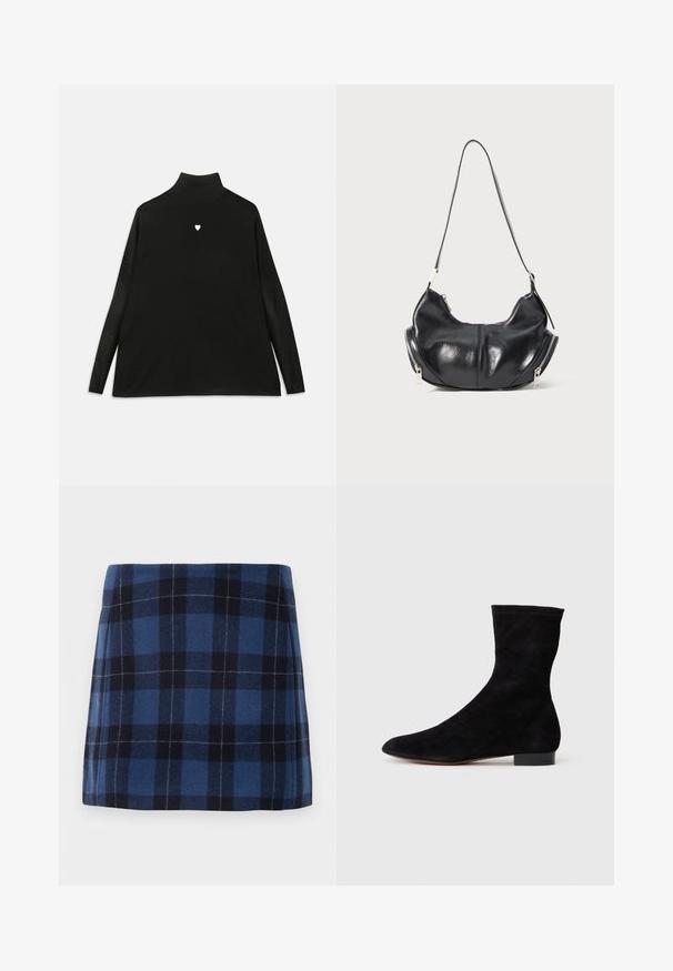 Fekete garbó, hosszú ujjakkal, kis fehér szív emblémával a mellkason. Puha anyagú és laza szabású.; Sötét kék és tengerészkék kockás mini szoknya, puha anyagból, enyhén texturált felülettel. Egyenes vonalú és letisztult fazon.; Fekete velúr bokacsizma, illeszkedő szárral, hegyes orral és alacsony blokk sarokkal. Simább felület és minimalista dizájn, amely sokoldalú stílushoz megfelelő.; Fekete bőr, félhold alakú válltáska ezüst cipzárakkal mindkét oldalon és egyetlen pánttal.