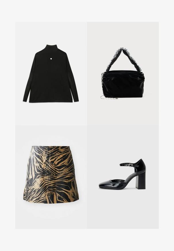 Schwarzer Rollkragenpullover mit langen Ärmeln, ausgestattet mit einem kleinen weißen Herz-Emblem auf der Brust. Weicher Stoff und lockere Passform.; Schwarzer und goldener Rock mit Zebra-Streifen-Muster, aus glattem Material gefertigt, mit taillierter Form und hoch sitzendem Design.; Schwarze patentierte Leder-High Heels mit quadratischer Zehenform, Knöchelriemchen und dicker Absatz. Enthält durchbrochene Details entlang des Randes.; Schwarze Handtasche aus Kunstleder mit strukturiertem Finish, ausgestattet mit einem mit Perlen verzierten silbernen Akzent am oberen Griff und einem Kettenriemen.