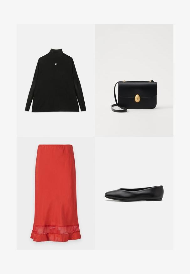 Pull noir à col roulé avec manches longues, arborant un petit embleme en forme de cœur blanc sur la poitrine. Tissu doux et coupe décontractée.; Jupe rouge en tissu lisse, avec une accent en maille au ourlet. La jupe présente une silhouette ajustée avec un bas froncé.; Paul Smith TOPANGA - Ballerines - black; Sac à main en cuir noir avec une forme rectangulaire structurée. Équipé d'un fermoir ovale doré et d'une fine bandoulière. Texture lisse.