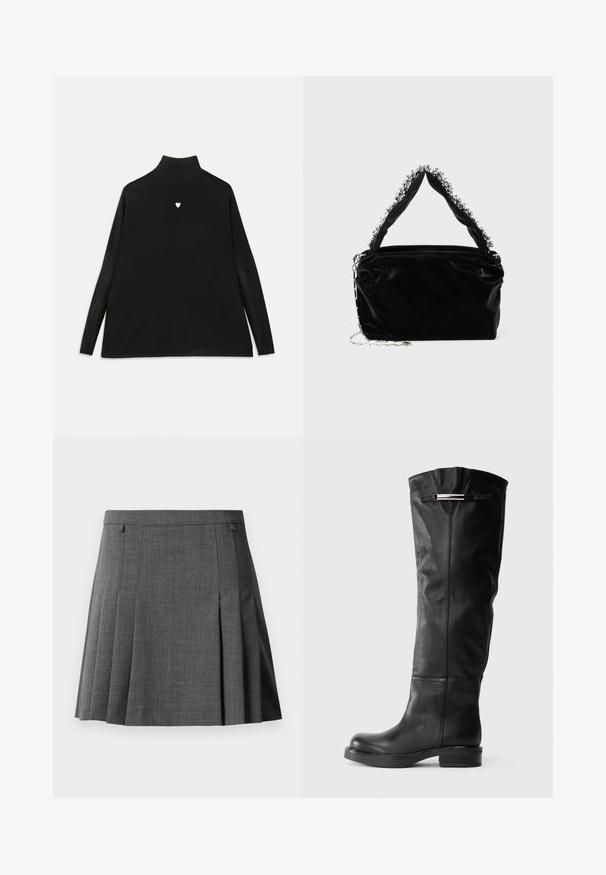 Suéter negro de cuello alto con mangas largas, que presenta un pequeño emblema de corazón blanco en el pecho. Tejido suave y corte relajado.; Falda gris con pliegues y cintura ajustada, confeccionada en una tela suave y de peso medio.; Botas de cuero negro hasta la rodilla con una textura suave, punta redondeada y un tacón bajo tipo bloque. Presentan un acento plateado en la parte superior.; Bolso de mano negro de imitación cuero con un acabado texturizado, que presenta un acento plateado de cuentas a lo largo del asa superior y una correa de cadena.