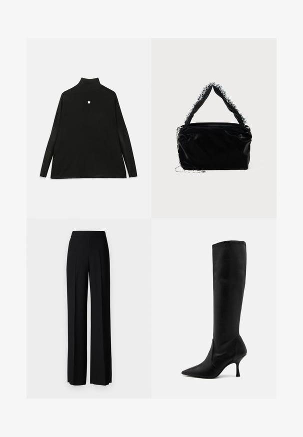 Sort turtleneck sweater med lange ærmer, prydet med et lille hvidt hjerteemblem på brystet. Blødt stof og afslappet pasform.; Sorte vide benbukser med en glat tekstur, der har en høj talje og centerfolder. Ingen synlige mønstre eller hardware detaljer.; Stuart Weitzman Høje støvler/ Støvler - black; Sort faux læder håndtaske med en tekstureret overflade, der har en perlesmykke i sølv langs det øverste håndtag og en kædestrop.