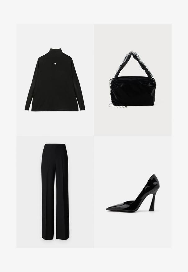 Schwarzer Rollkragenpullover mit langen Ärmeln, ausgestattet mit einem kleinen weißen Herz-Emblem auf der Brust. Weicher Stoff und lockere Passform.; Schwarze weite Hosen mit einer glatten Textur, ausgestattet mit einem hohen Bund und mittleren Falten. Keine sichtbaren Muster oder Hardware-Details.; Schwarze Lackleder-Pumps mit hohen Absätzen, spitz zulaufender Zehenform und einem eckigen Stiletto-Absatz, die eine glatte, glänzende Textur aufweisen.; Schwarze Handtasche aus Kunstleder mit strukturiertem Finish, ausgestattet mit einem mit Perlen verzierten silbernen Akzent am oberen Griff und einem Kettenriemen.